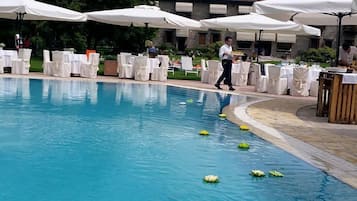 Seasonal outdoor pool, pool umbrellas, pool loungers