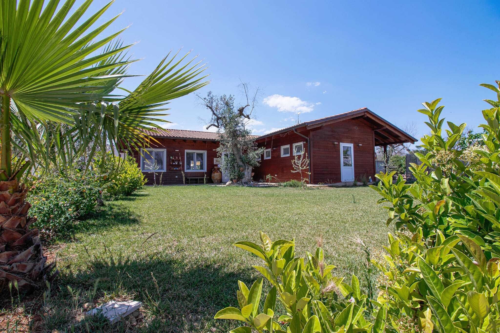 A wooden cabin with a red roof, surrounded by a well-maintained lawn and various plants.