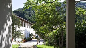 Uma trilha conduz a um edifício com arquitetura tradicional, cercado por vegetação exuberante e colinas ao fundo.