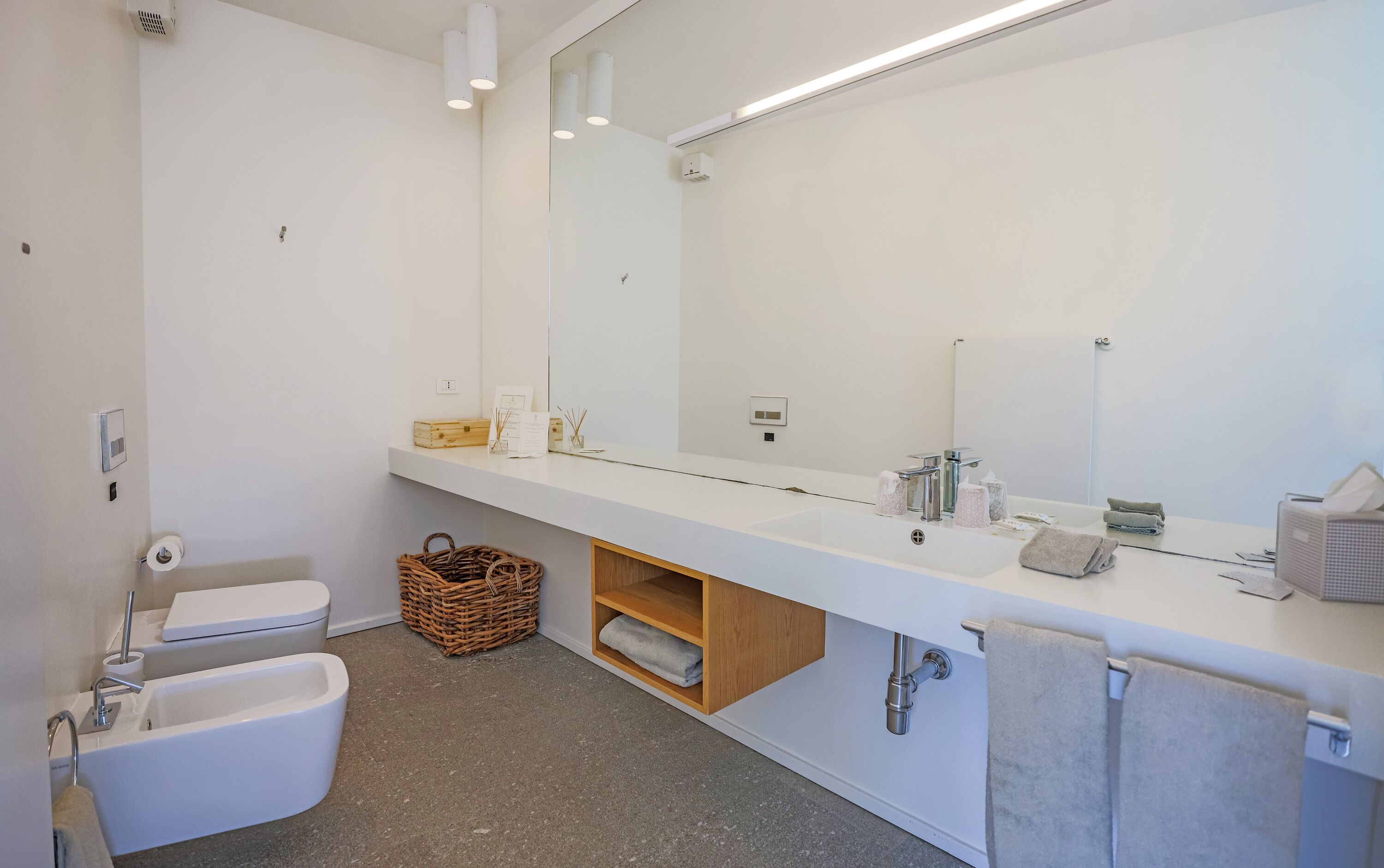 Ein modernes Badezimmer mit einem weißen Waschbecken, einem großen Spiegel, einer Badewanne und einem Korbwannenstuhl.