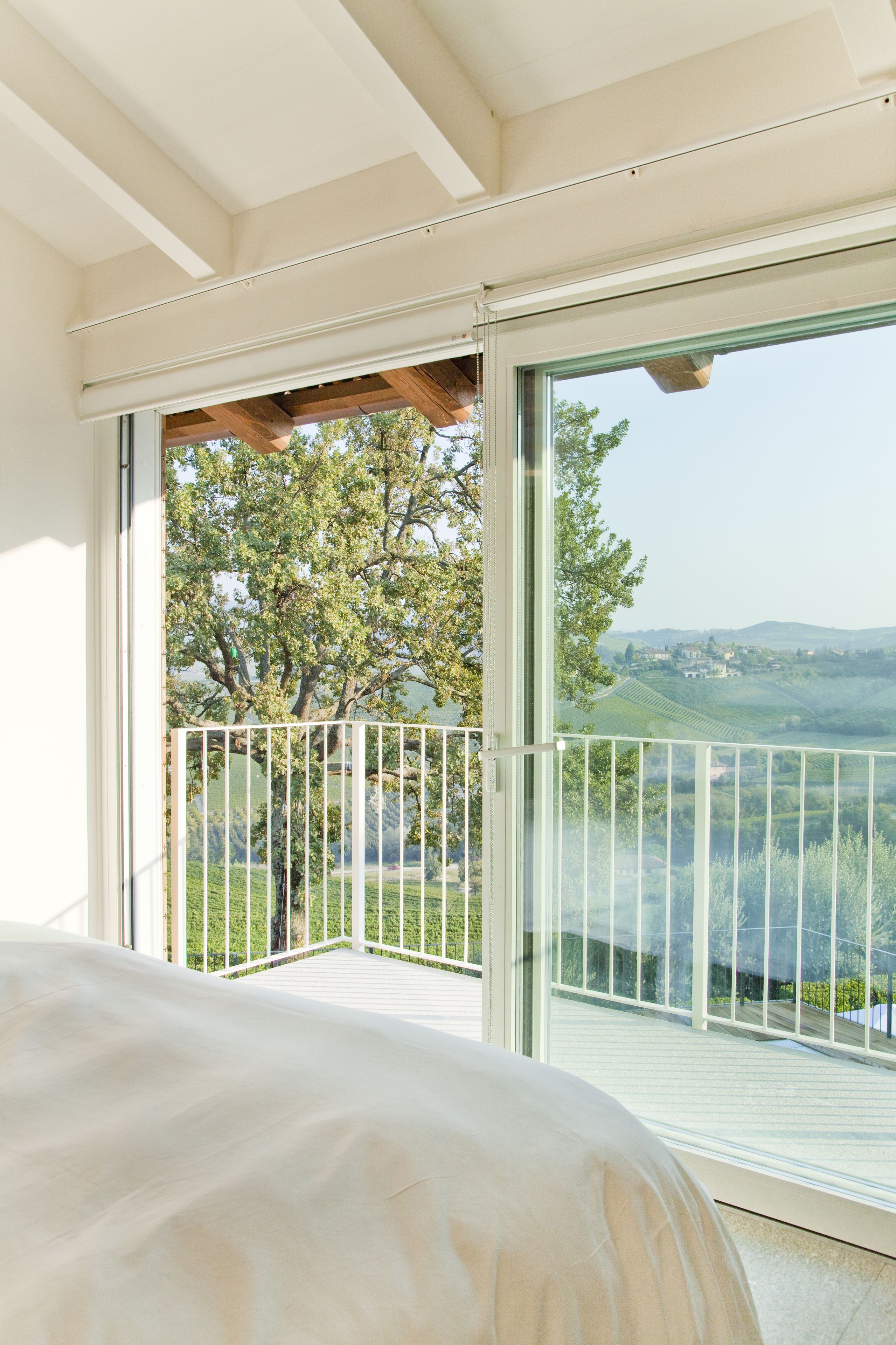 A balcony with a view of a tree and landscape.