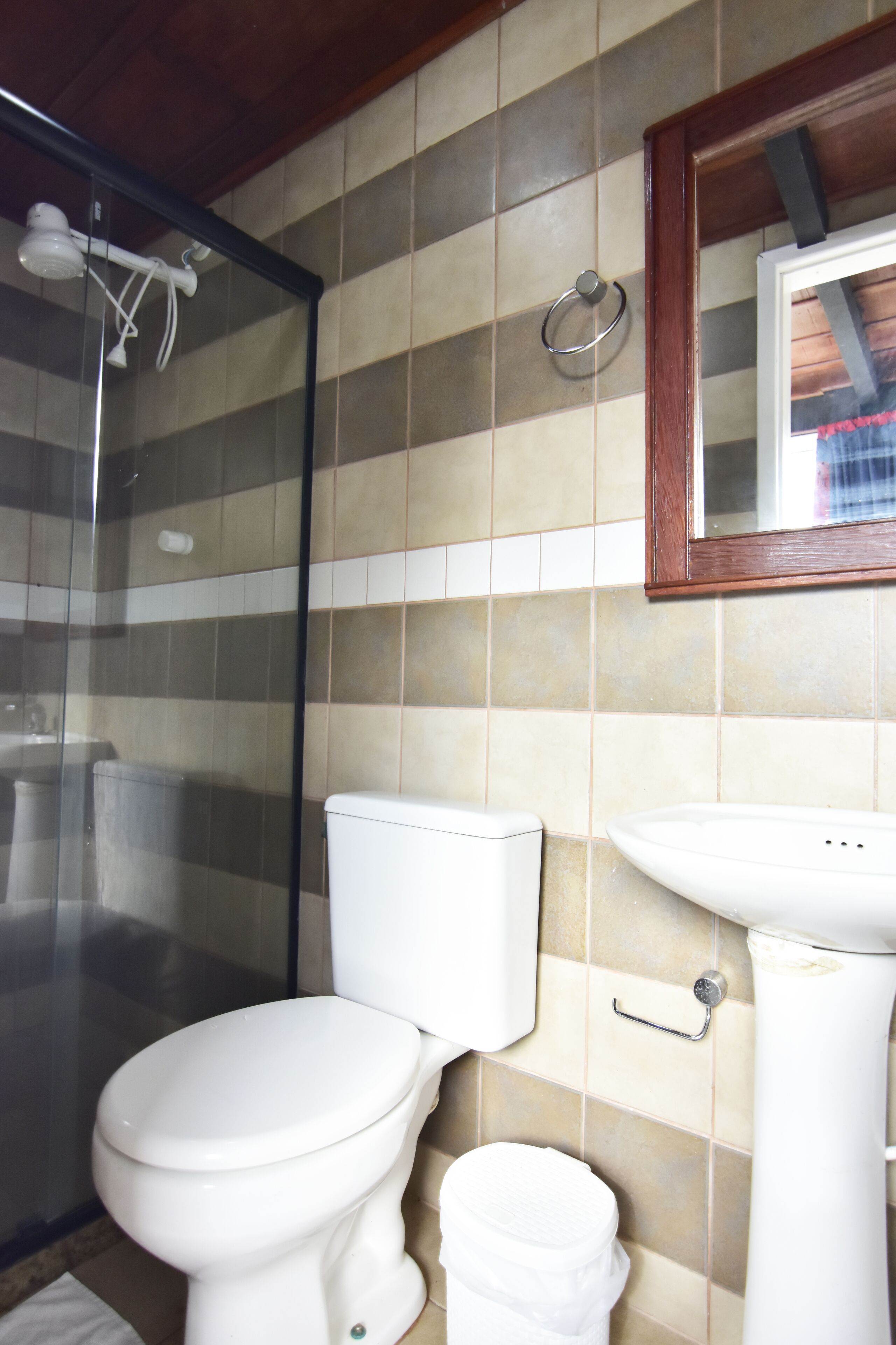 A bathroom with a toilet, sink, and shower area.