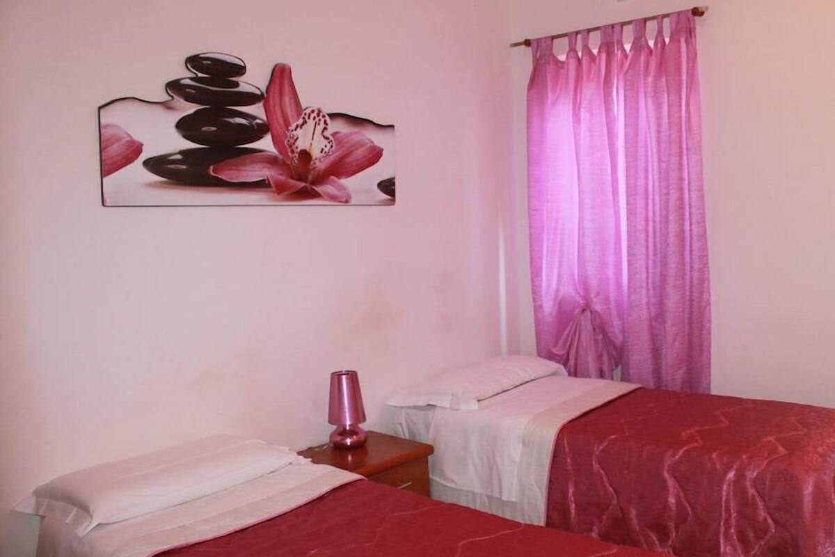 Een kamer met twee bedden, een roze gordijn en een schilderij van bloemen en stenen aan de muur.
