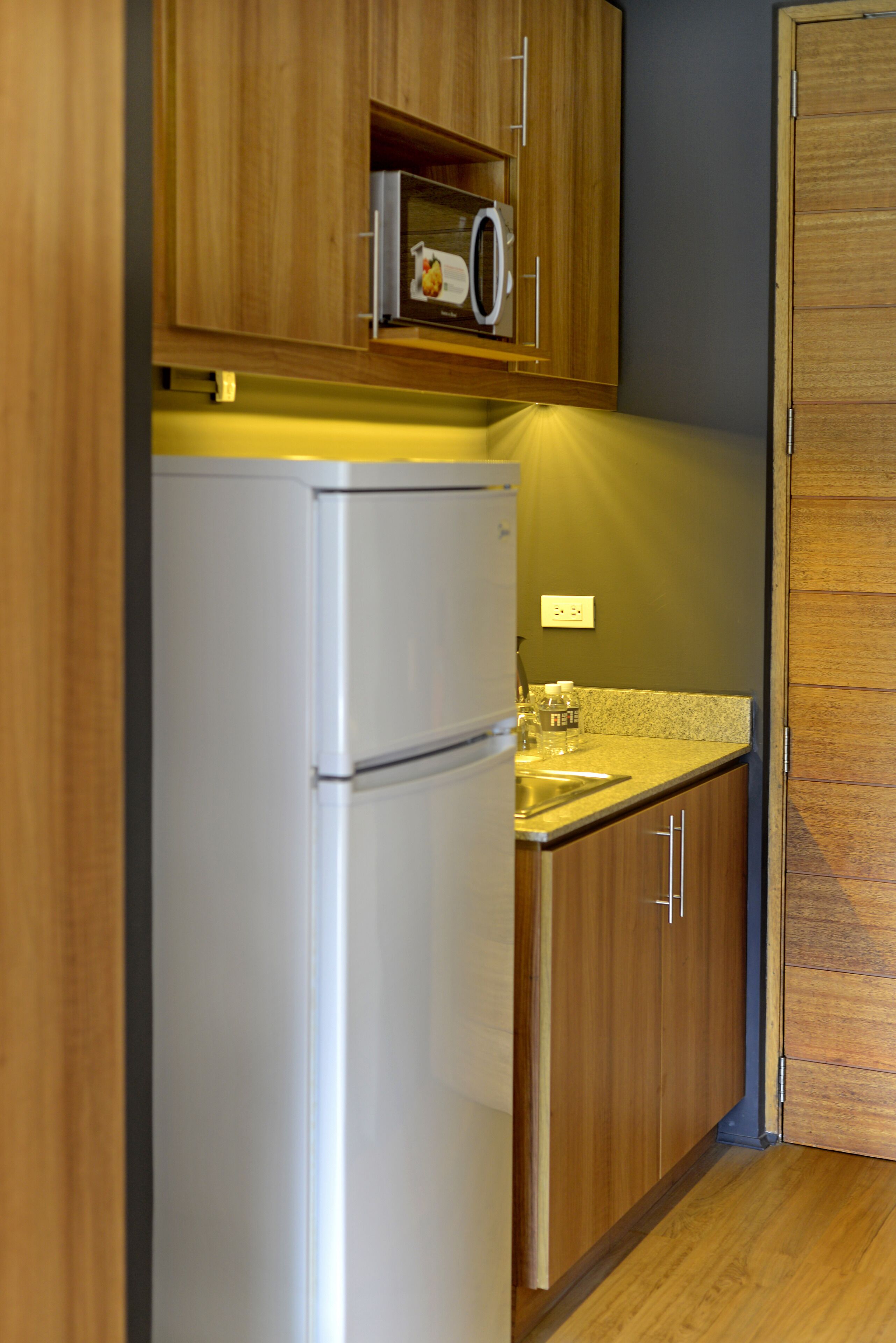 fridge, microwave, electric kettle