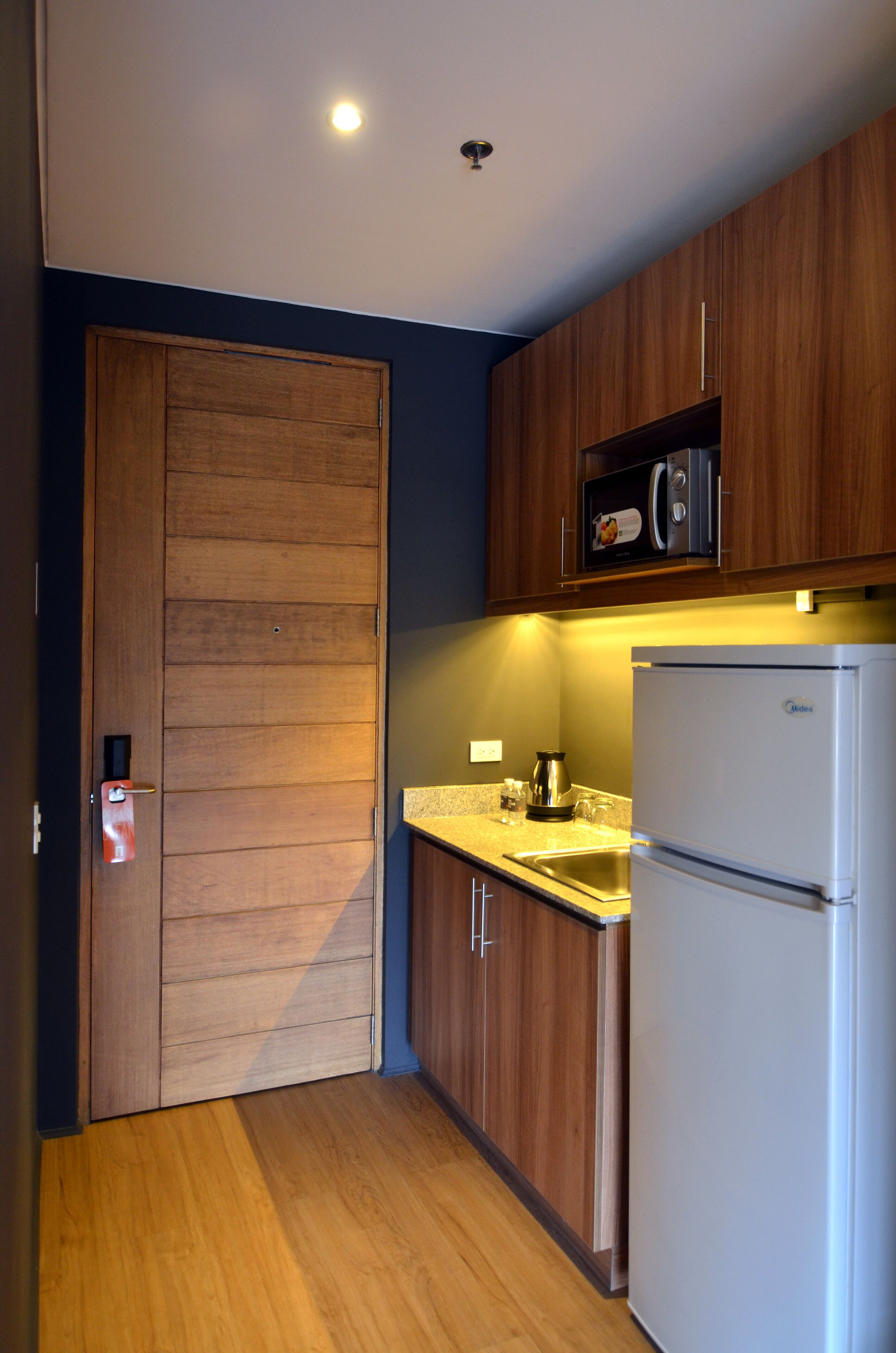 fridge, microwave, electric kettle