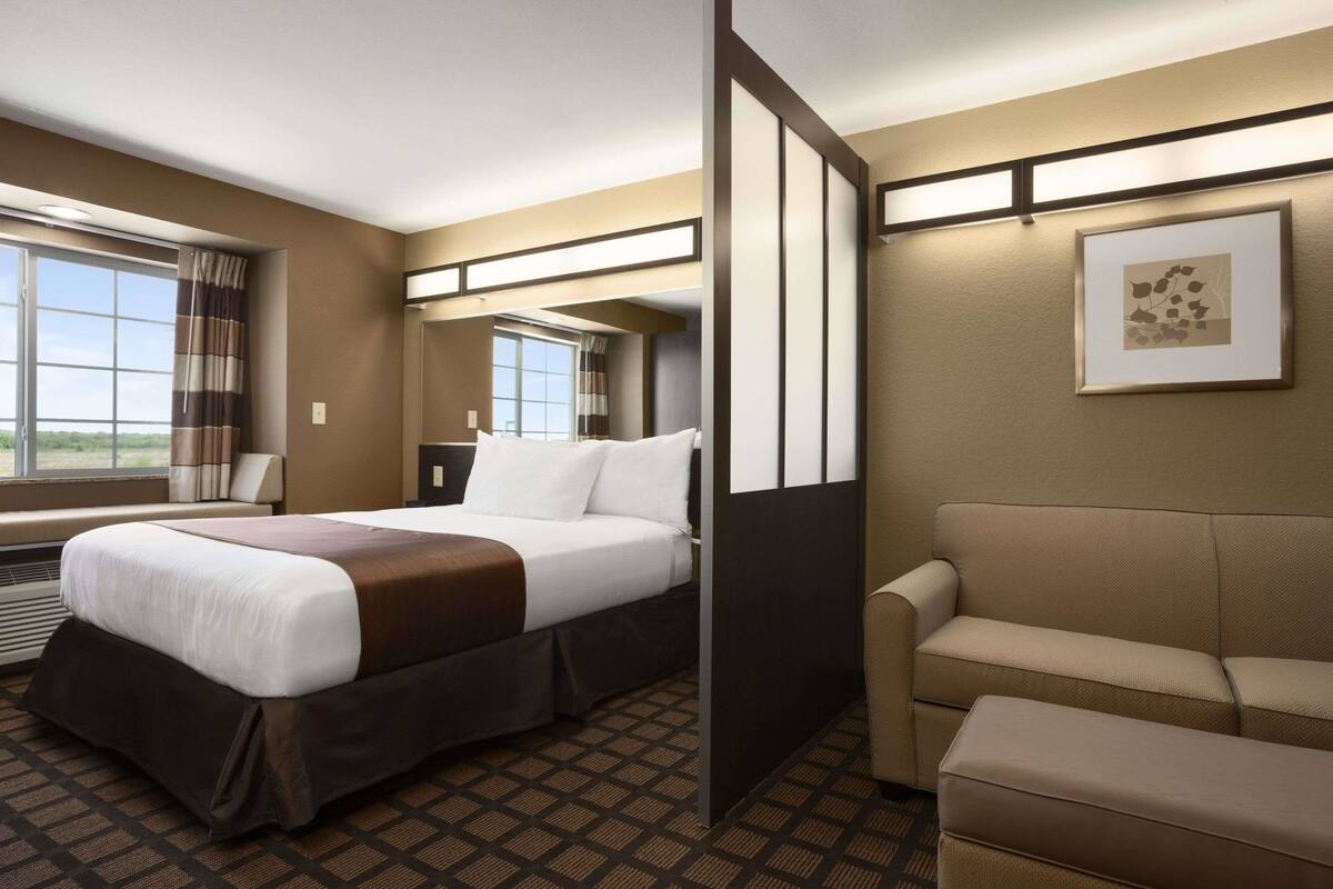 A hotel room with a bed, a sofa, a window with curtains, a framed picture on the wall, and a ceiling light fixture.