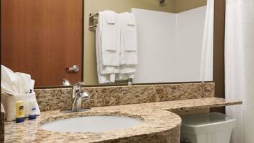 Combined shower/tub, deep soaking tub, free toiletries, hair dryer