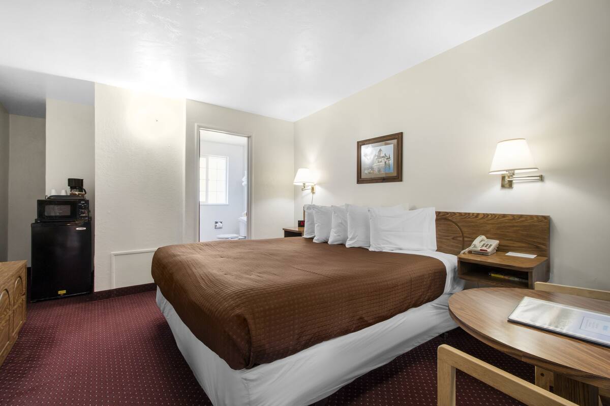 Hotelkamer met een bed, een bureau, een stoel, een nachtkastje met een lamp, een schilderij aan de muur en een minibar.