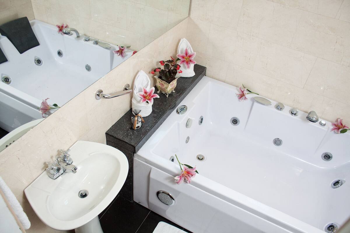 Shower, hair dryer, towels