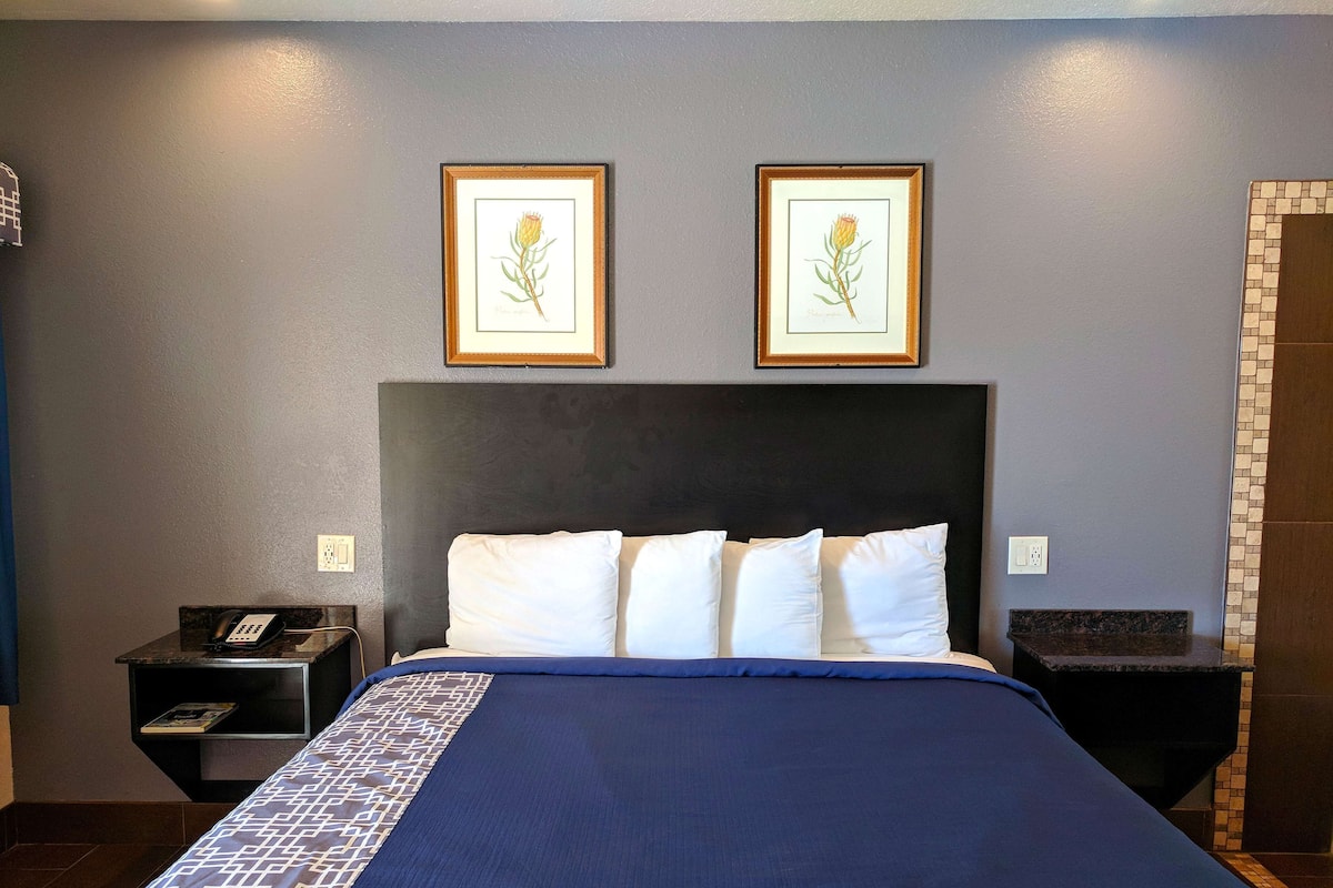 Une chambre d’hôtel avec un grand lit, une tête de lit, deux illustrations botaniques encadrées accrochées au mur, un téléphone sur la table de chevet et une petite table avec un livre.