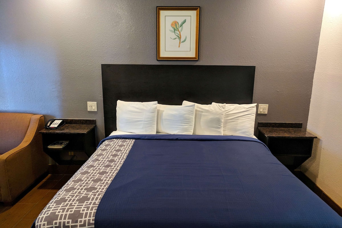 Une chambre d’hôtel avec un grand lit, une tête de lit, un téléphone, une chaise et un tableau encadré au mur.