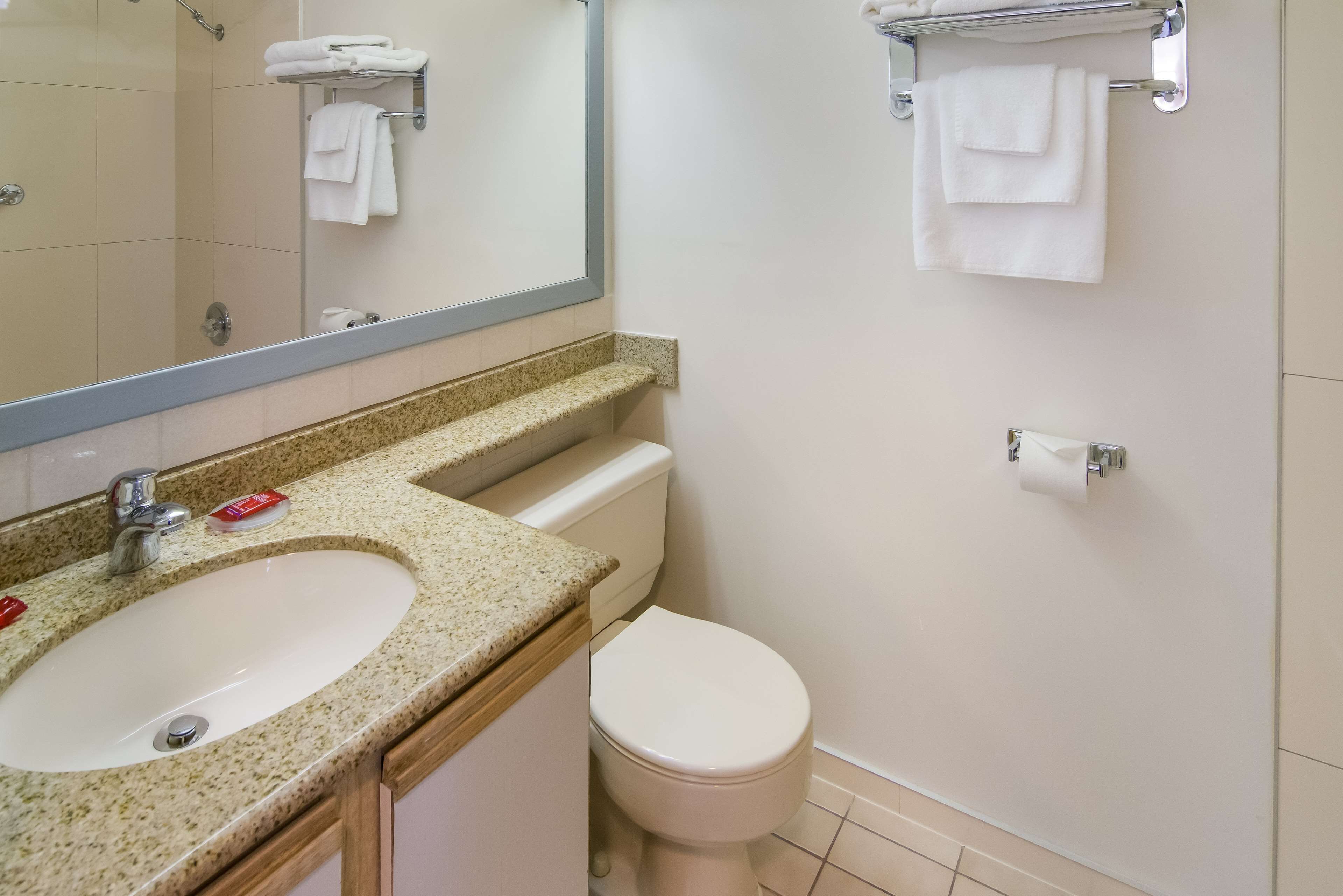 Un baño con lavamanos, inodoro y toalleros.