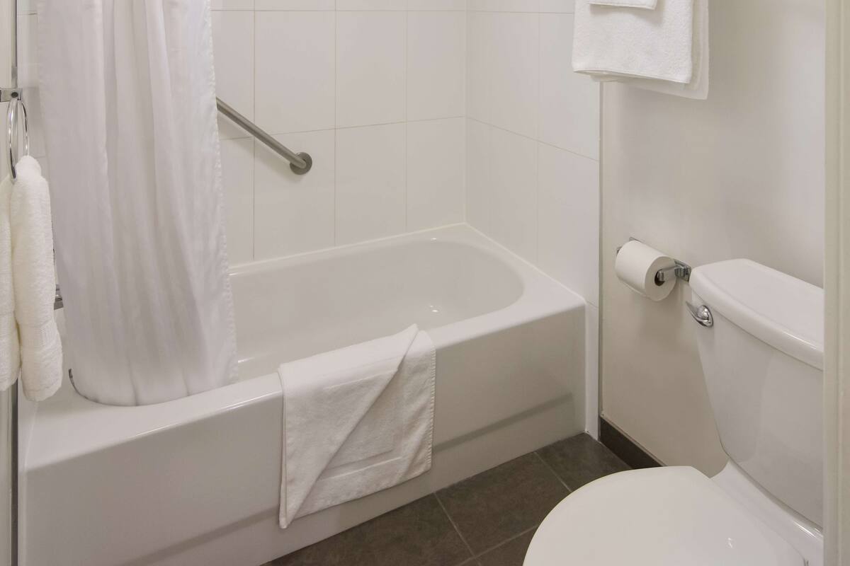 A bathroom with a bathtub, toilet, and a shower curtain.