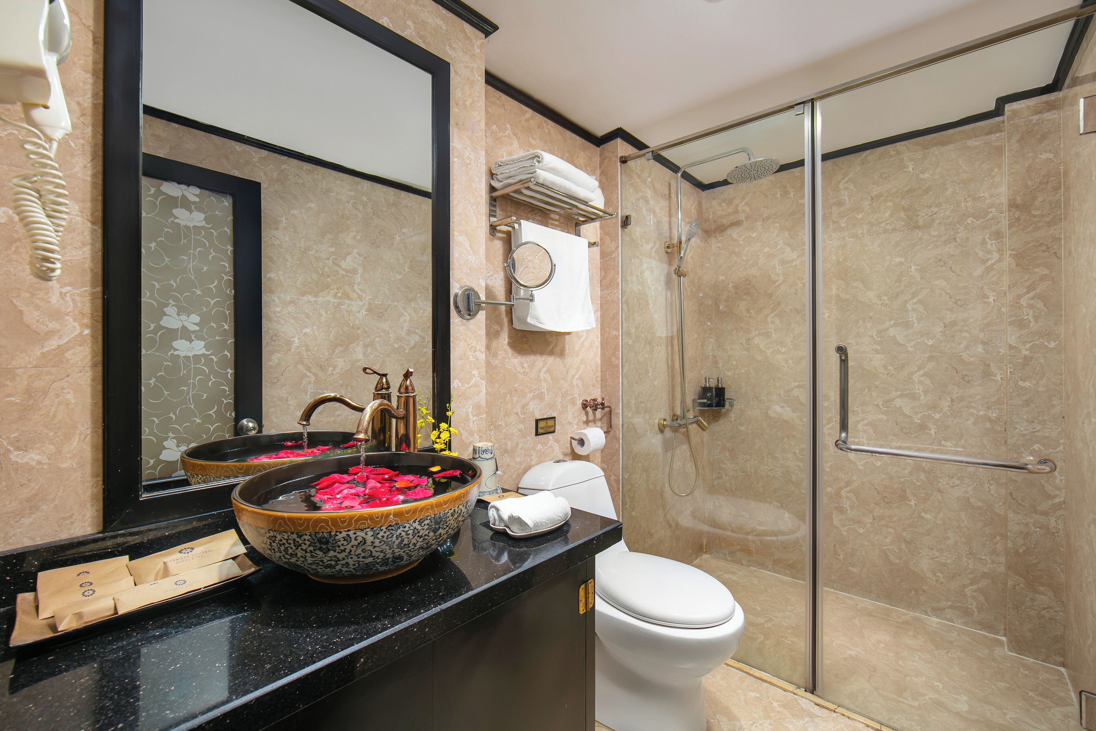 shower, free toiletries, hair dryer, bathrobes