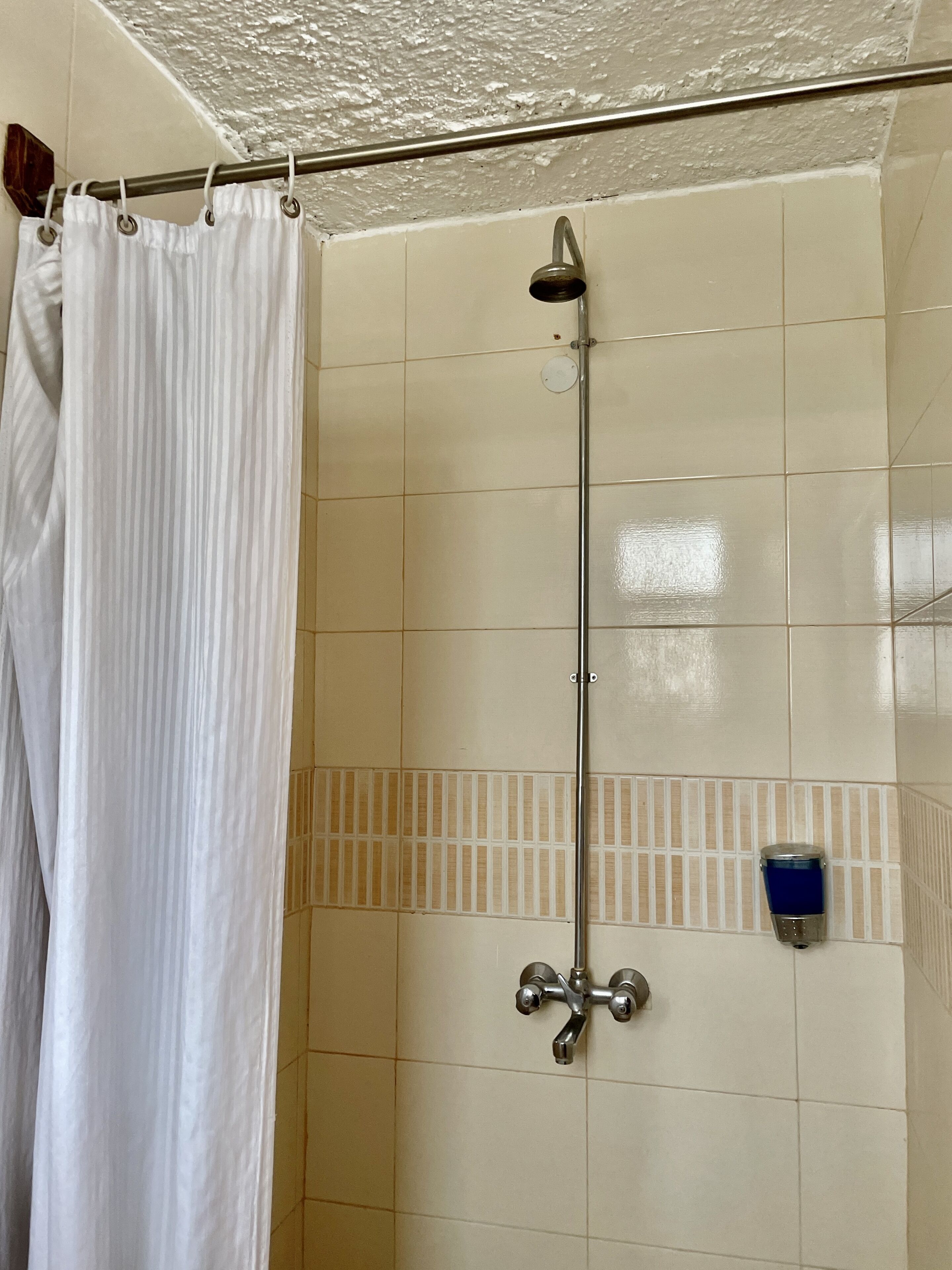 Eine Dusche mit einer Metall-Regendusche, einem weißen Duschvorhang und einem blauen Seifenspender an der Wand.