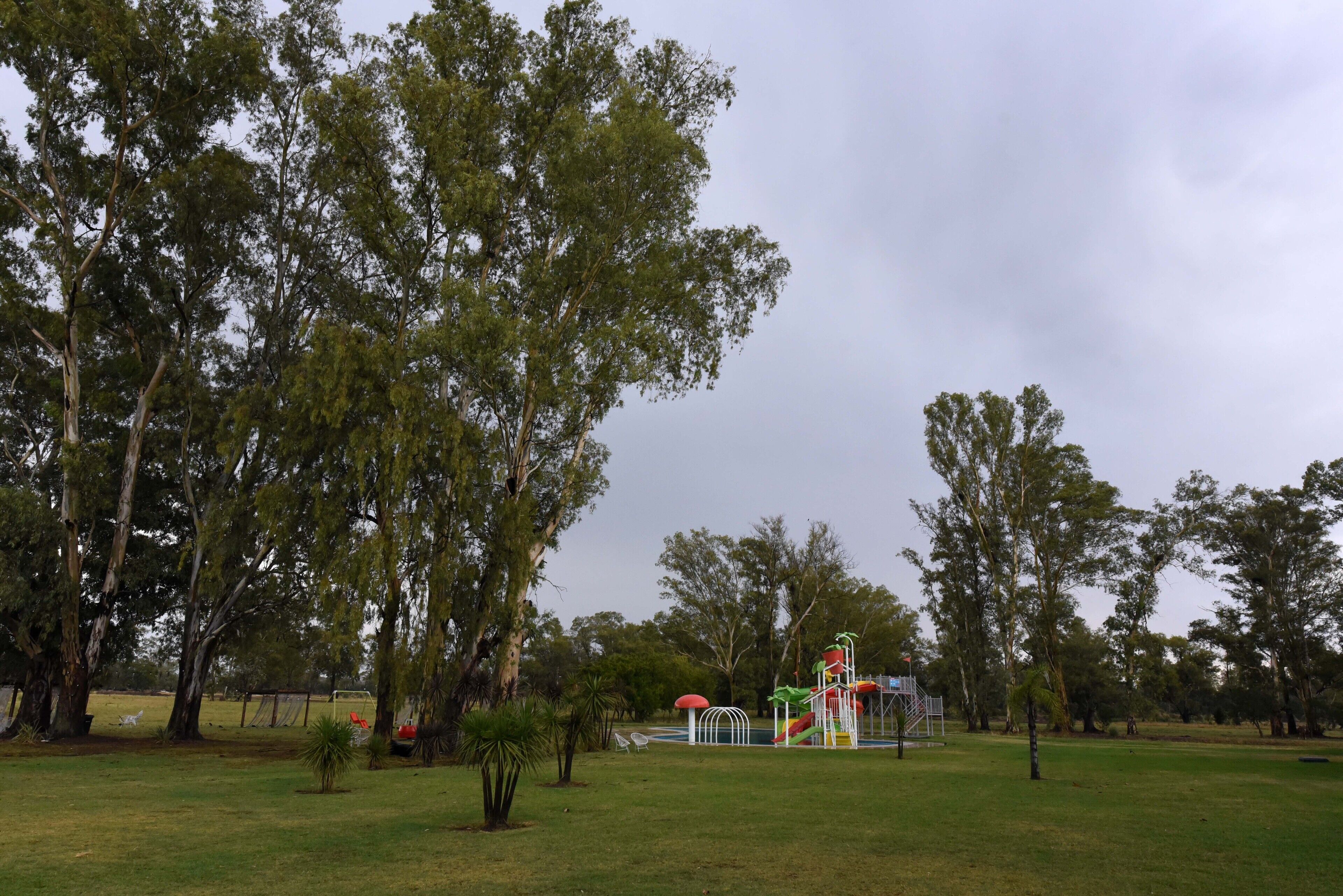 Un parque con un área de juegos, árboles y césped.