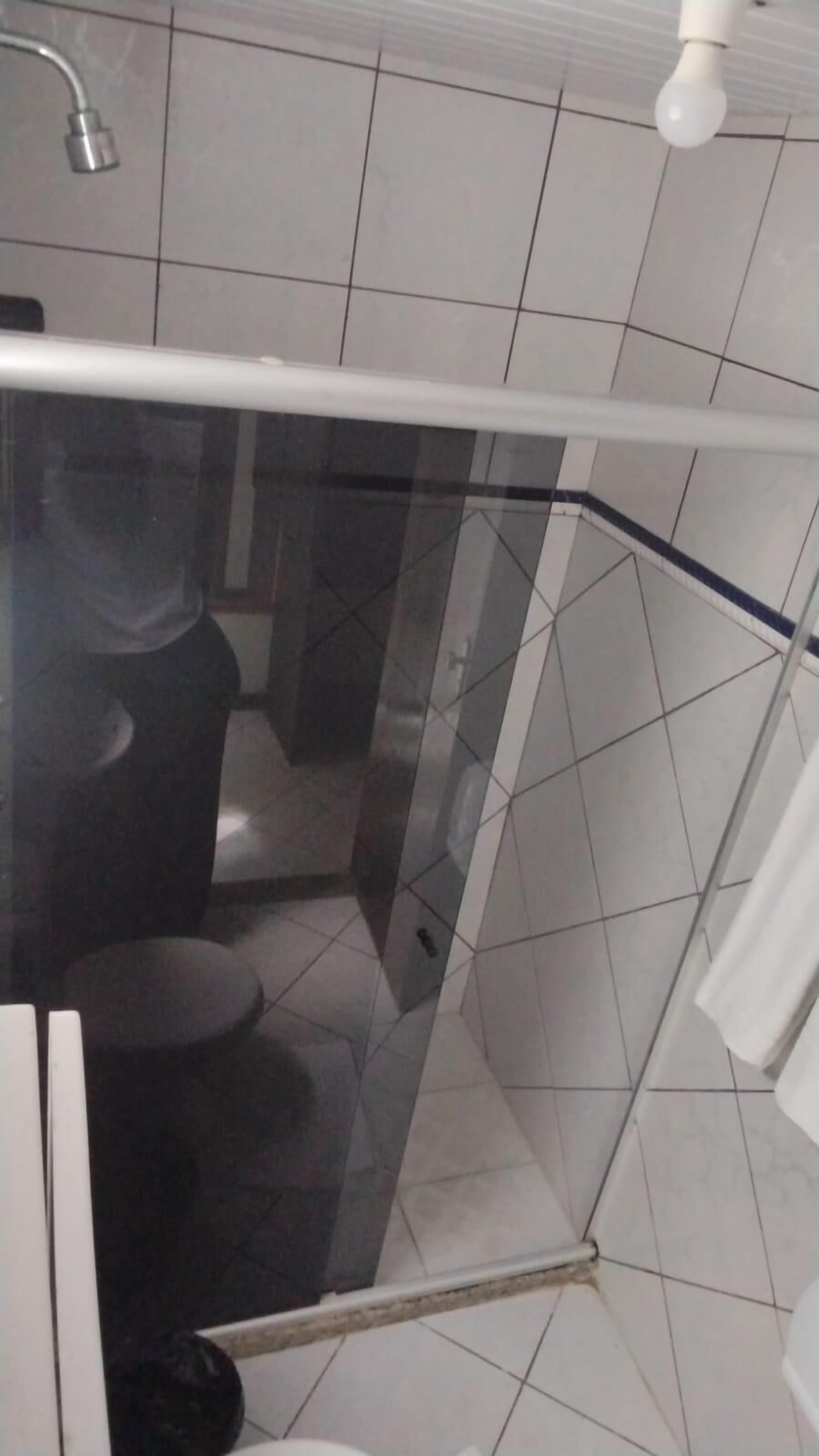 Un baño con mampara de vidrio, ducha e inodoro.