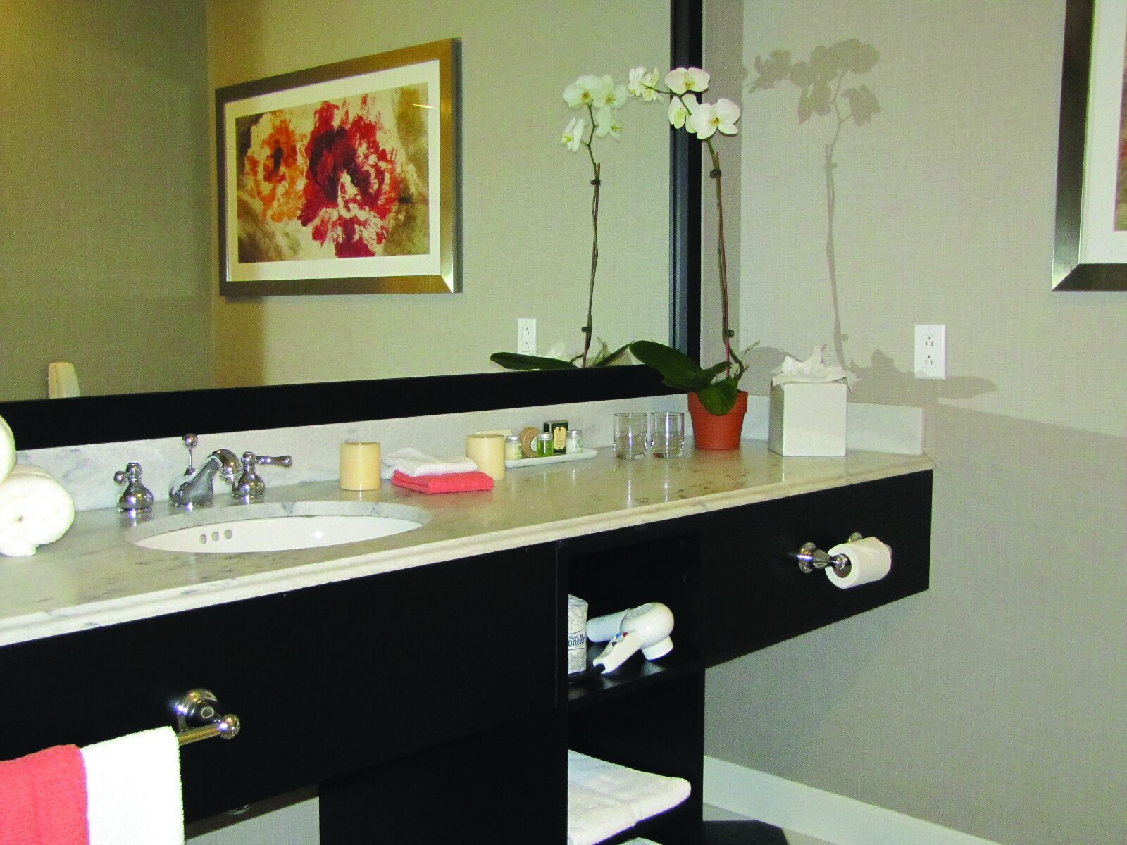 A bathroom with a white sink, black vanity, and a mirror above it. There are two potted plants on the vanity, a framed artwork on the wall, and toiletries on the counter.
