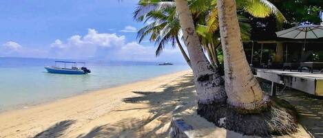 A beach with a boat, palm trees, and a covered area with tables and umbrellas.