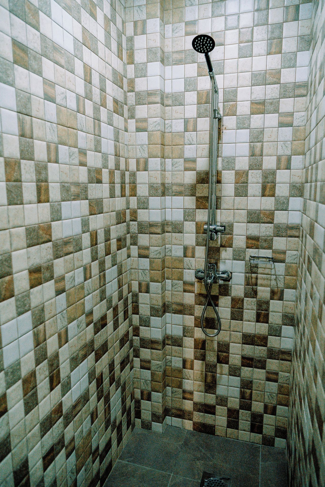 A shower with a handheld showerhead and a wall-mounted faucet.