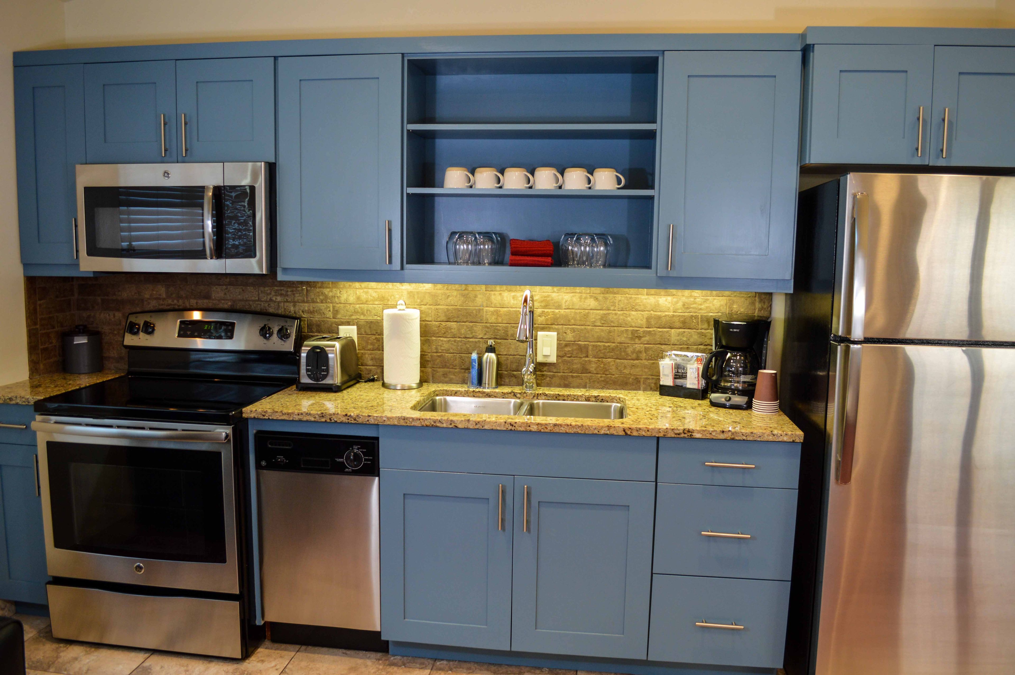 fridge, microwave, coffee/tea maker, freezer