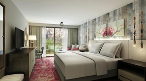 A modern hotel room with a large bed, a TV, a desk, and a balcony with curtains.