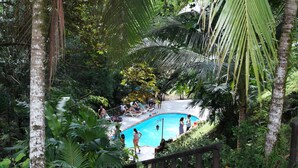 A pool area surrounded by lush greenery, with people relaxing by the pool and a wooden staircase leading down. - Hotel Samsara (Bahía Ballena)