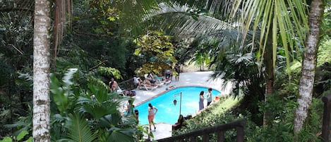 Outdoor pool, pool umbrellas, sun loungers