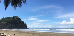 Une plage avec une île boisée, un ciel dégagé et des vagues.