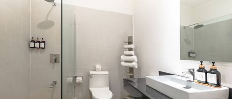 A modern bathroom with a glass-enclosed shower, a toilet, a sink with toiletries, and a mirror.