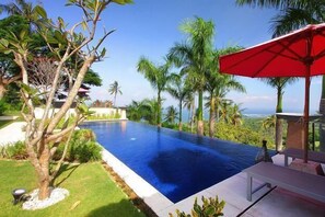 Piscina con vista a palmeras y un paisaje lejano.