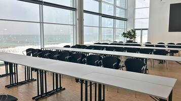 A conference room with large windows, a potted plant, and rows of chairs.