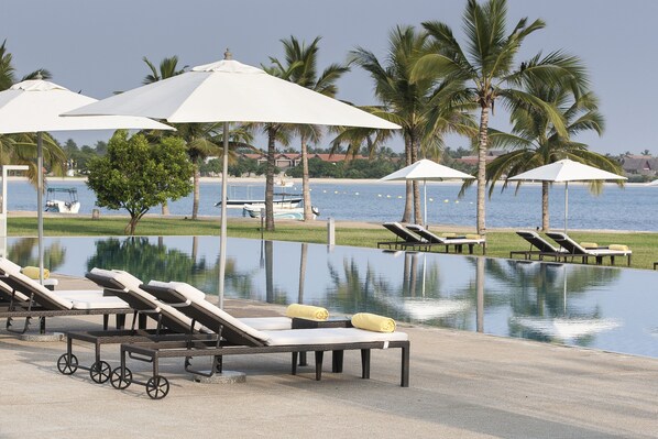 Outdoor pool, pool umbrellas, pool loungers