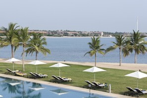 Outdoor pool, pool umbrellas, pool loungers