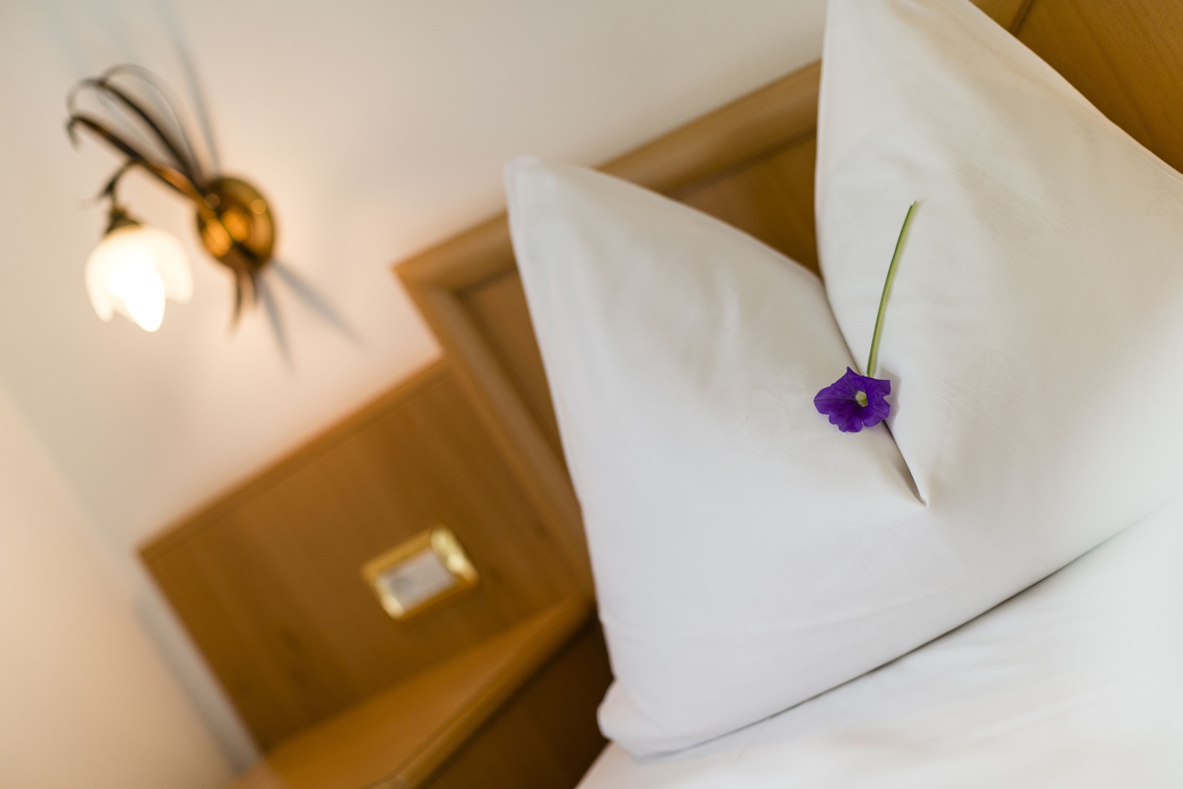 A white pillow with a purple flower on a bed in a hotel room.