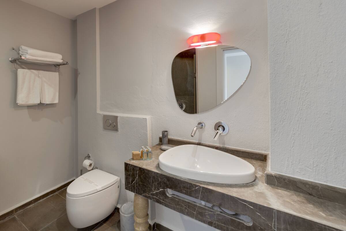 shower, rainfall showerhead, hair dryer, slippers