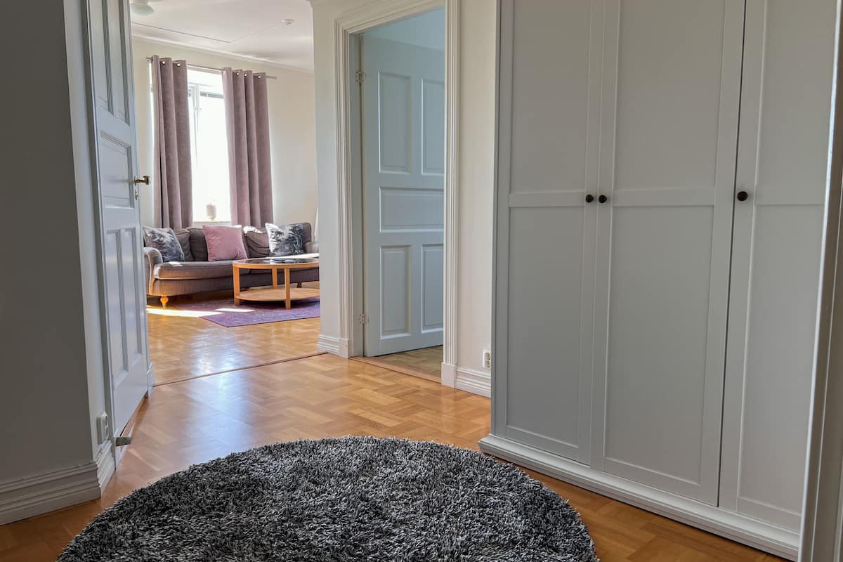 A hallway with a wooden floor, a grey shaggy rug, and a closed white door.