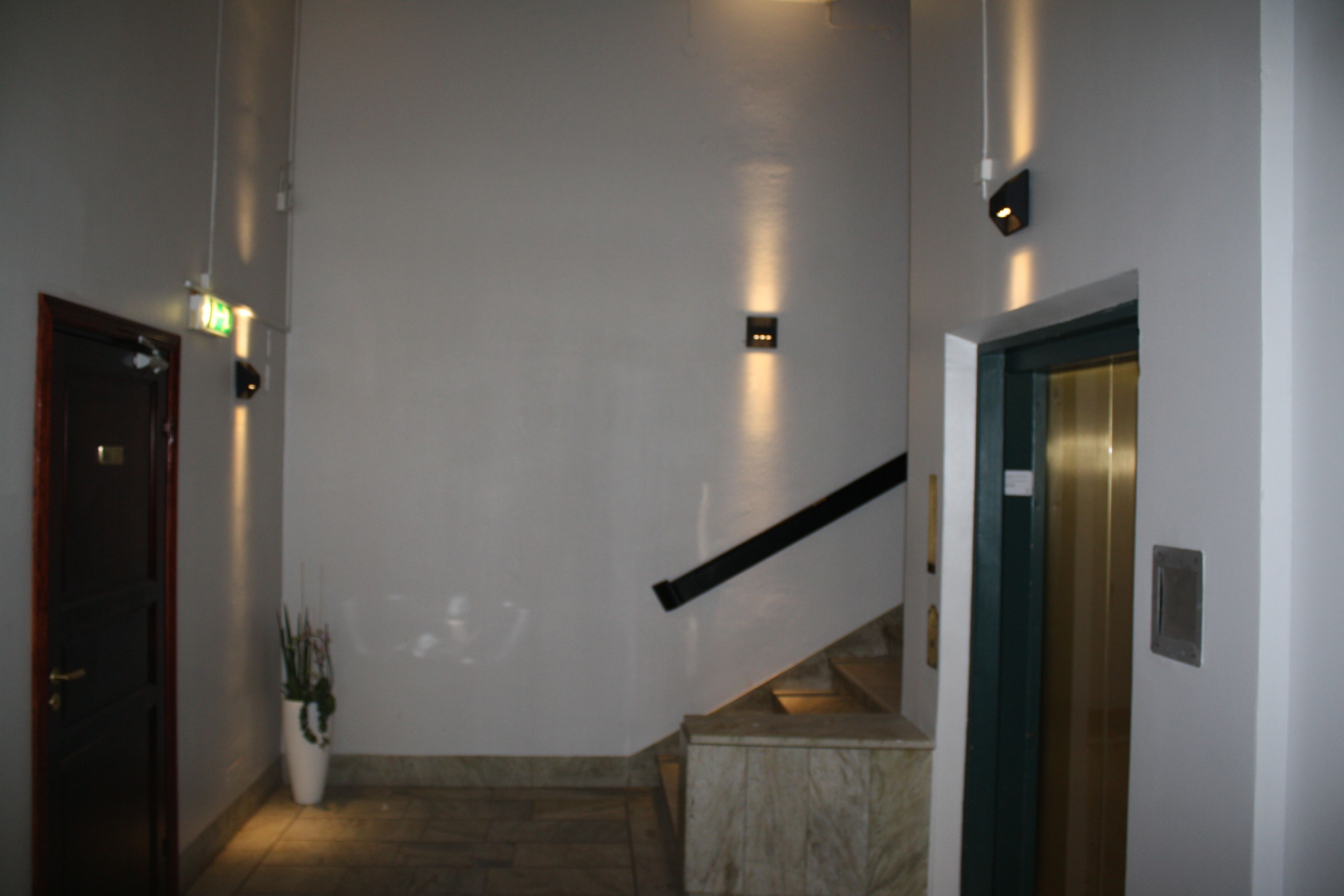 A hallway with a wooden door, a potted plant, a marble staircase, and a wall-mounted light fixture.