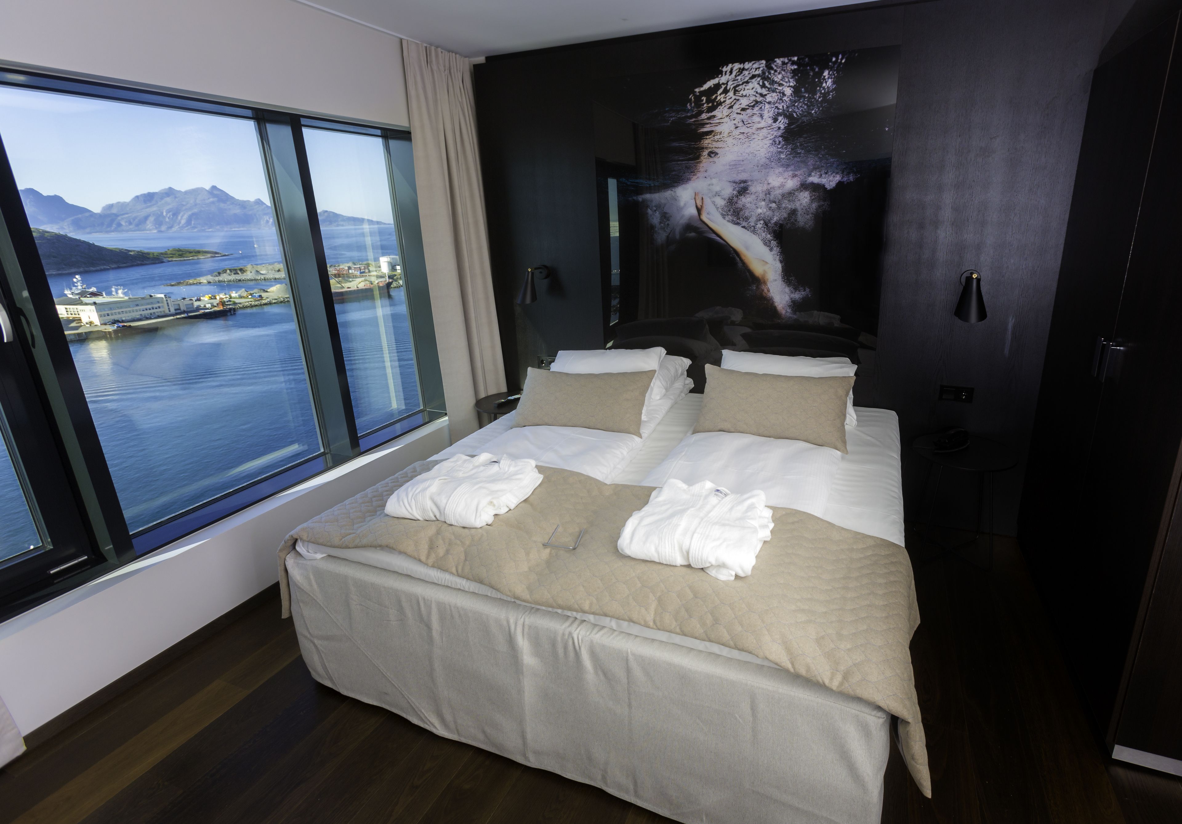 Una habitación de hotel con una cama grande, vistas al mar y a las montañas, y un cuadro de una ballena en la pared.