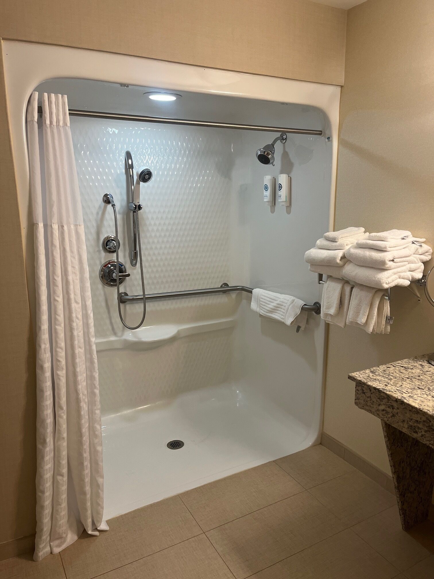 free toiletries, hair dryer, towels