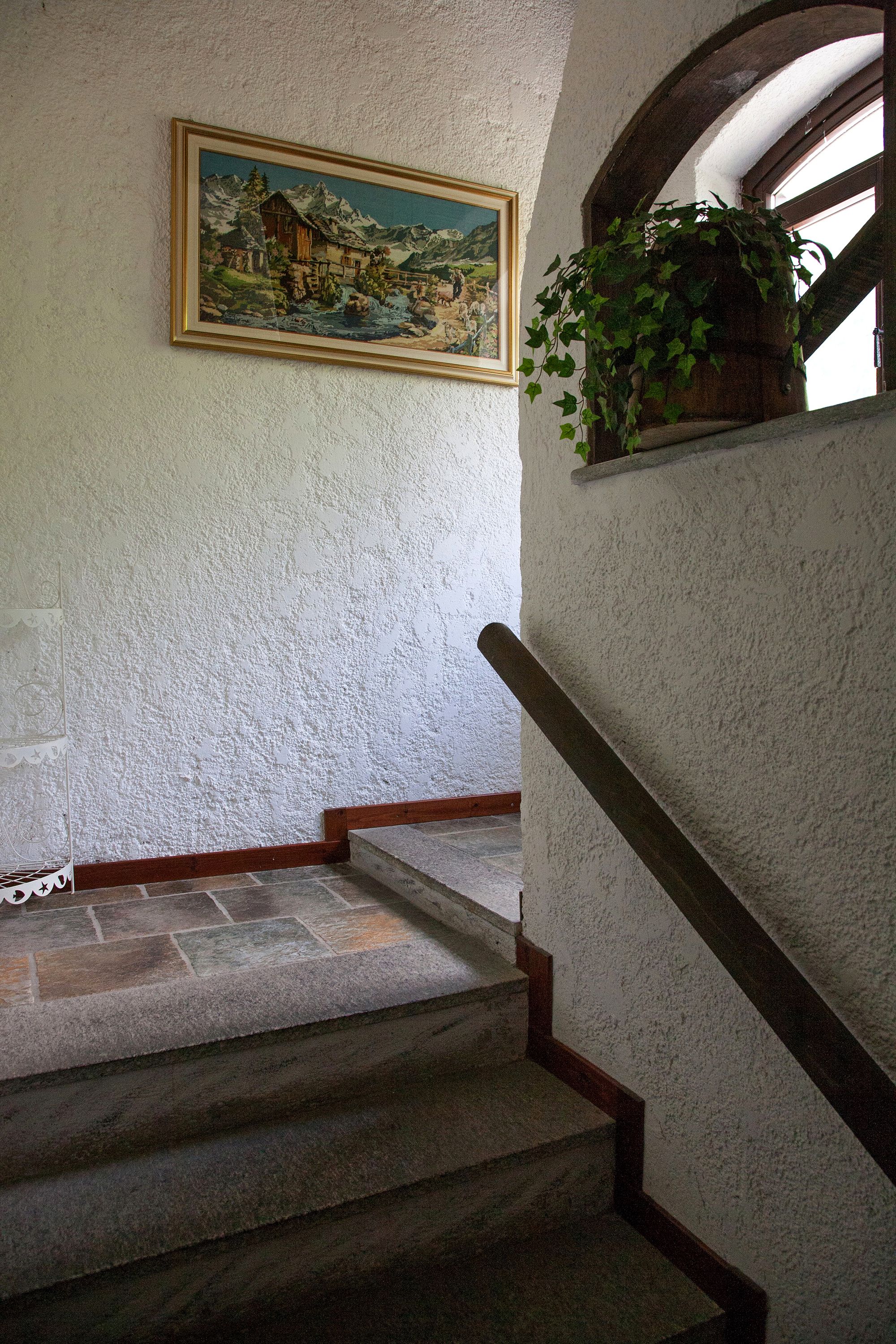 A staircase with stone steps and a wooden handrail, leading to a landing with a framed painting of a mountainous landscape and a hanging plant.