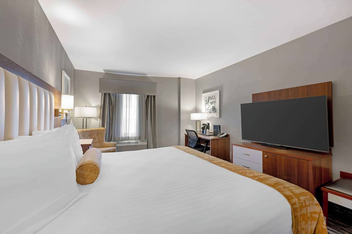Habitación de hotel con una cama grande, un escritorio con televisión de pantalla plana, una silla y una lámpara de escritorio.