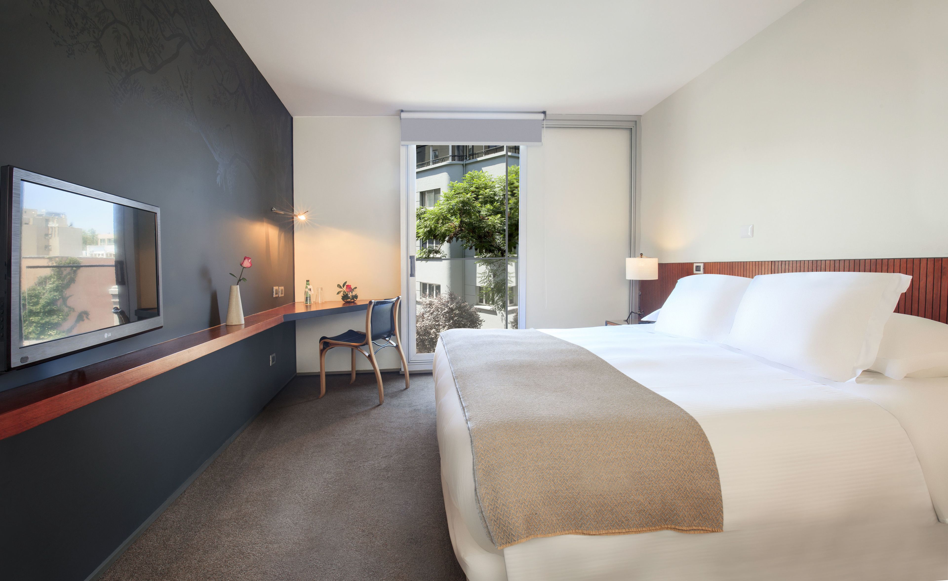 Una camera d'albergo con un letto, una scrivania con una sedia, una TV e una finestra vista edifici e alberi.