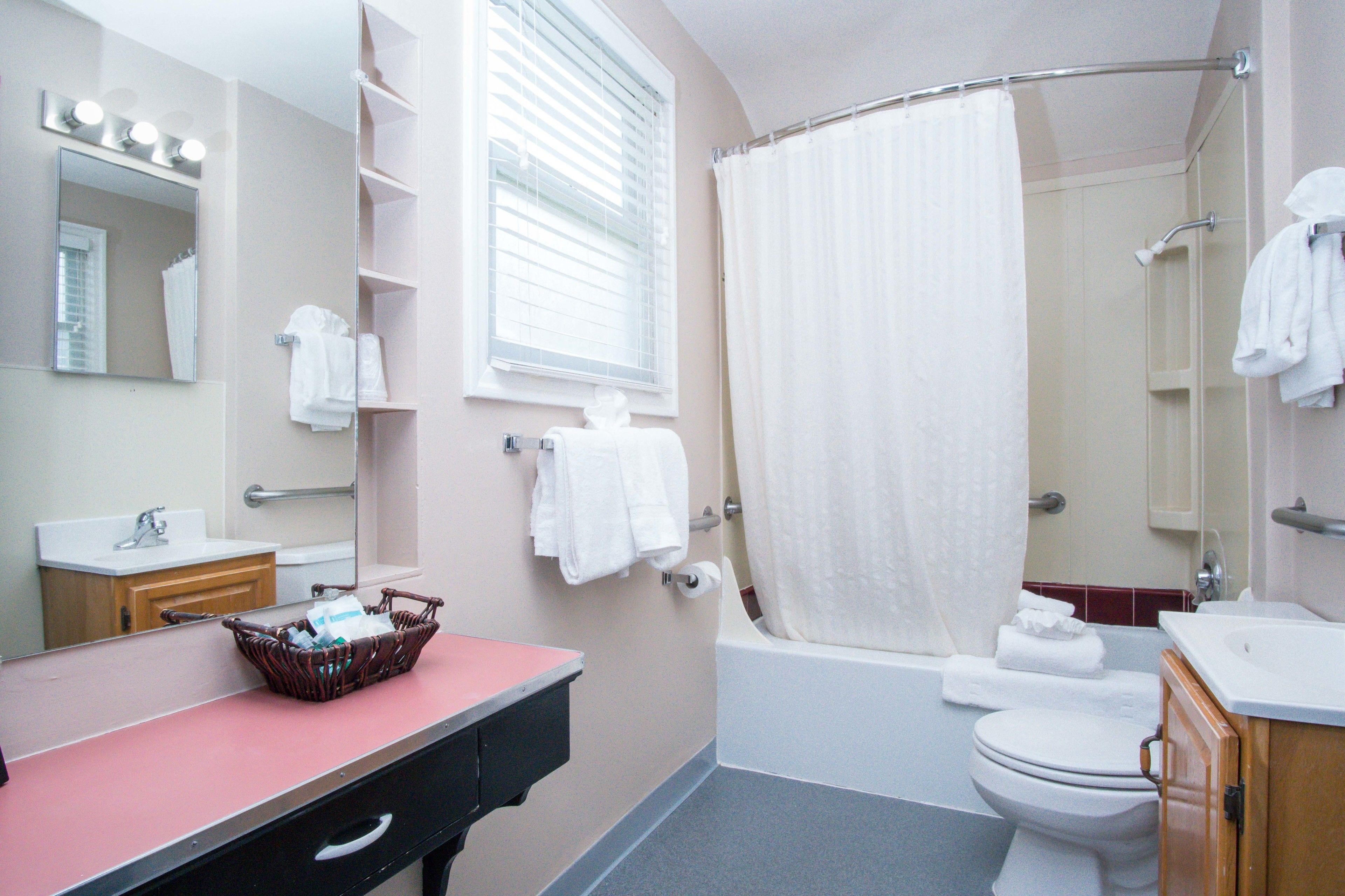 A bathroom with a sink, mirror, towel rack, shower, and toilet.