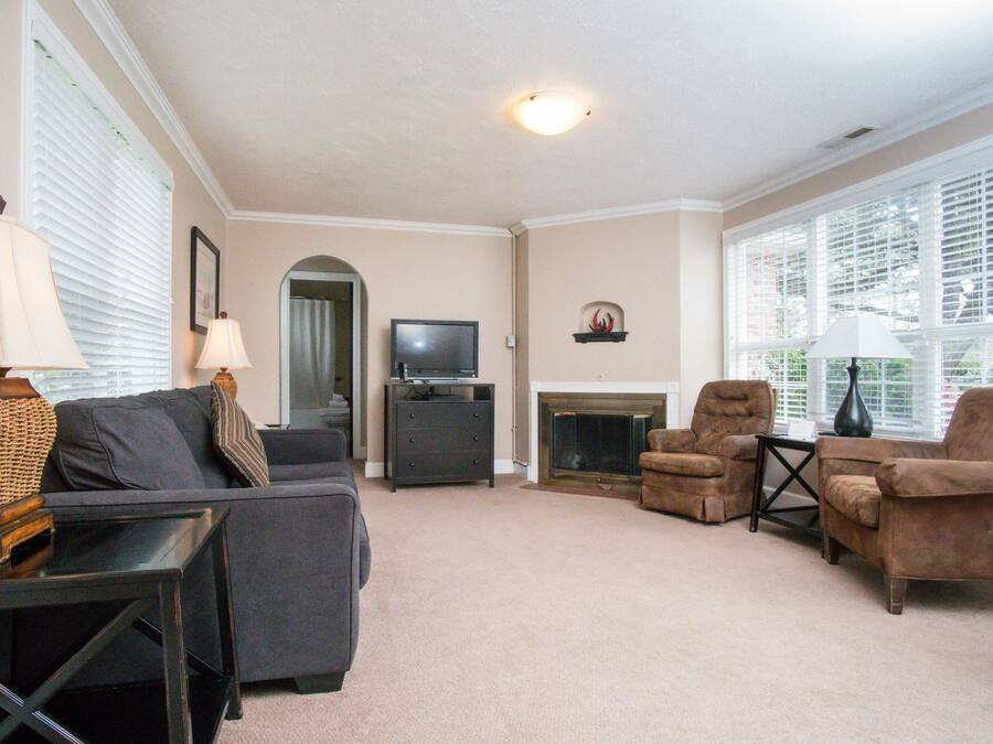 A living room with a fireplace, a television, and a sofa.