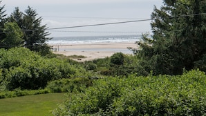 Vista de la playa con árboles y una zona cubierta de césped al frente.