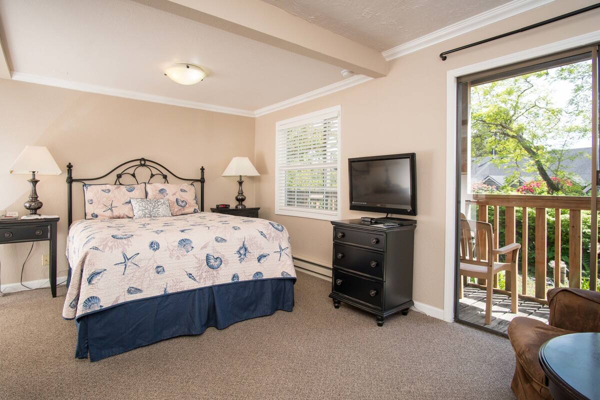 Une chambre à coucher comprenant un lit, une commode, un téléviseur et un balcon avec une chaise.