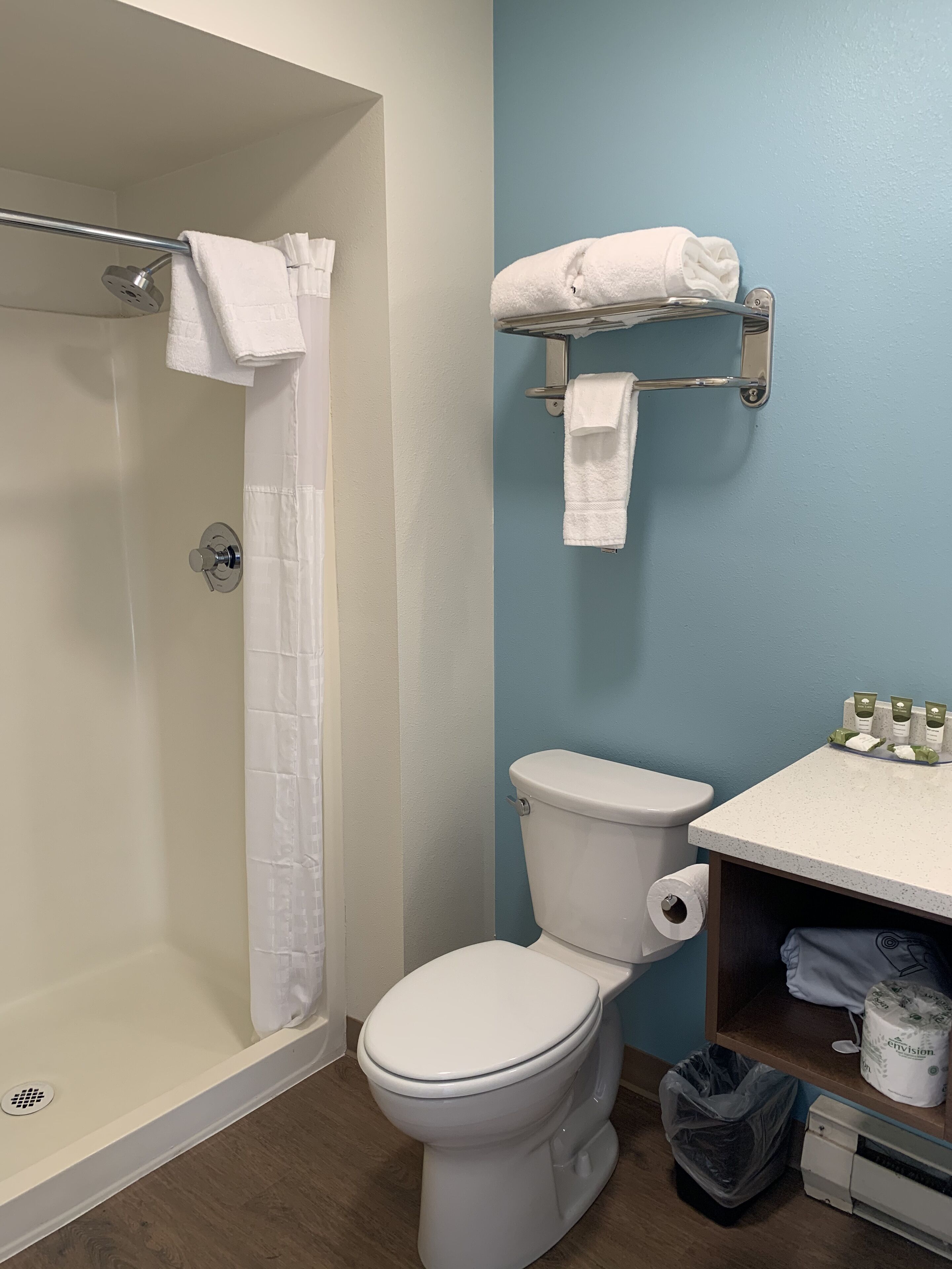 A bathroom with a shower, toilet, and a towel rack.