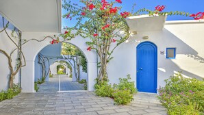 Un sendero que conduce a una puerta azul, bordeado por muros blancos y follaje.