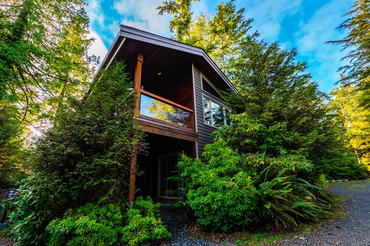 A two-story cabin surrounded by dense forest, with a gravel driveway leading to the entrance.